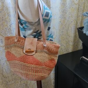 Woven Tan and Orange Tote Bag